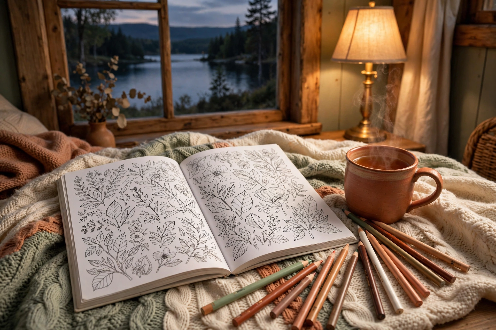 An open coloring book with pencils and a warm drink