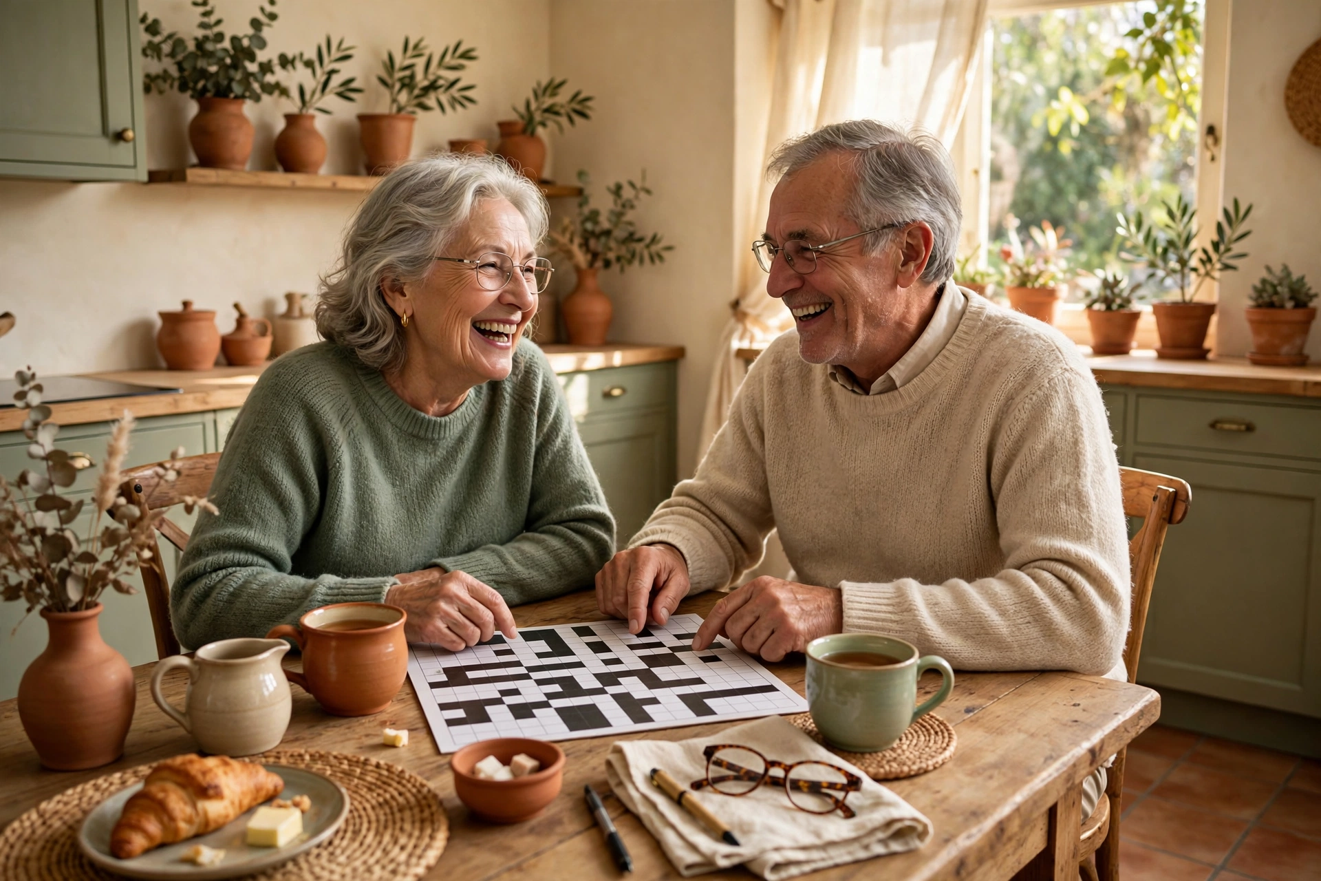 Two older adults sharing a crossword